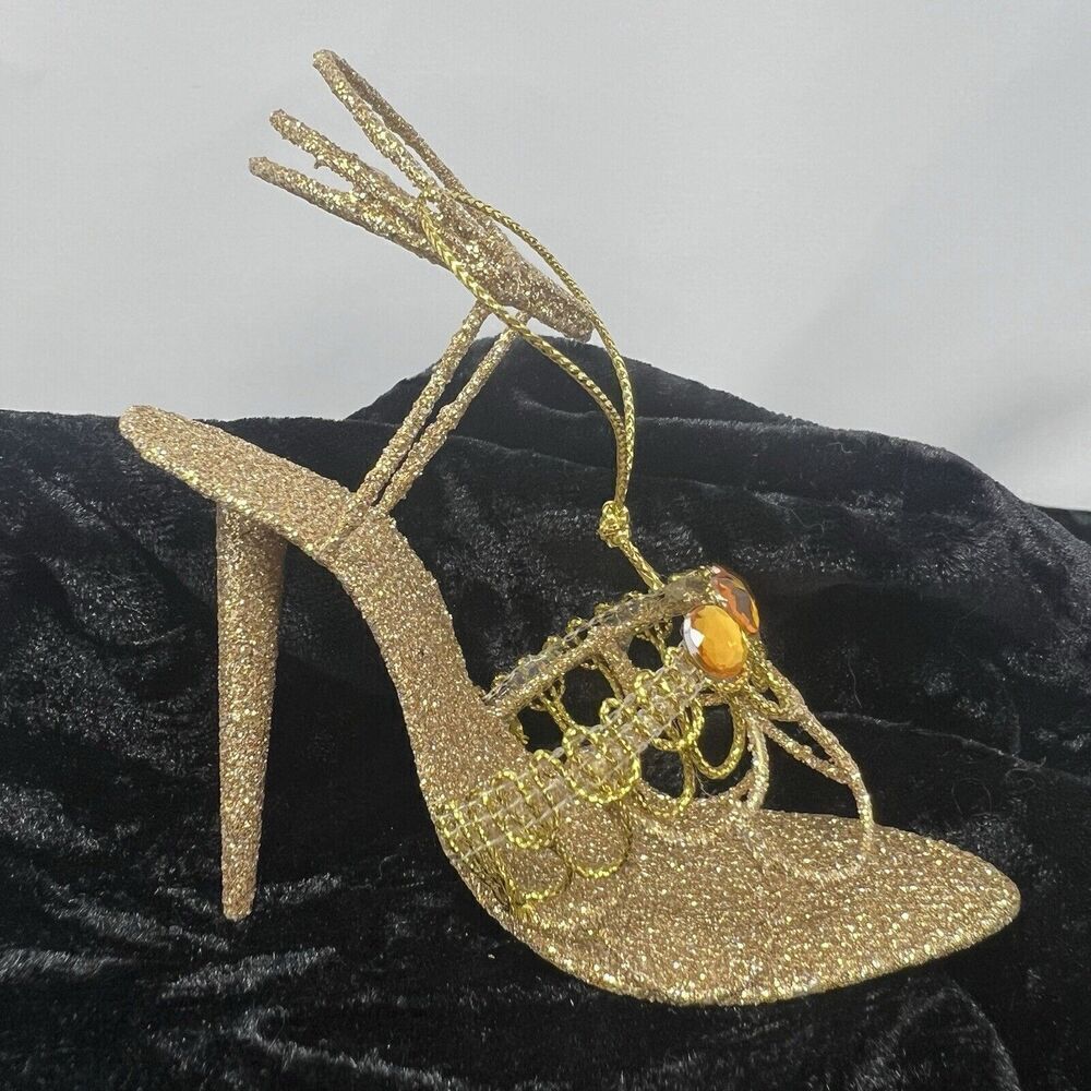 Pier 1 Stiletto Heel Gold Glitter Sandal Christmas Ornament Shoe Holiday